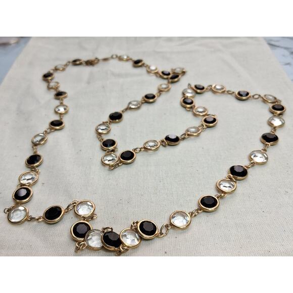 Vintage Austrian Crystal Bezel Necklace Black & Clear Gold Tone 34” Fancy - Picture 5 of 7